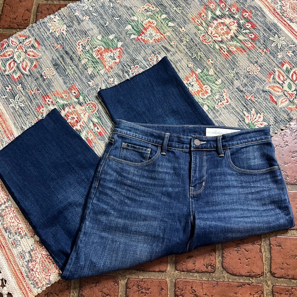 Treasure & Bond shelter wide leg mid rise crop raw frayed denim jeans